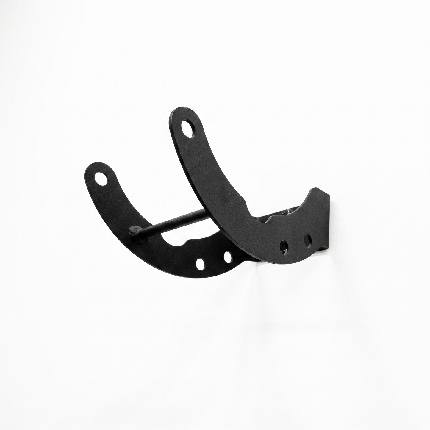 A black metal wall-mounted bracket with curved arms and mounting holes, shown against a plain white background.