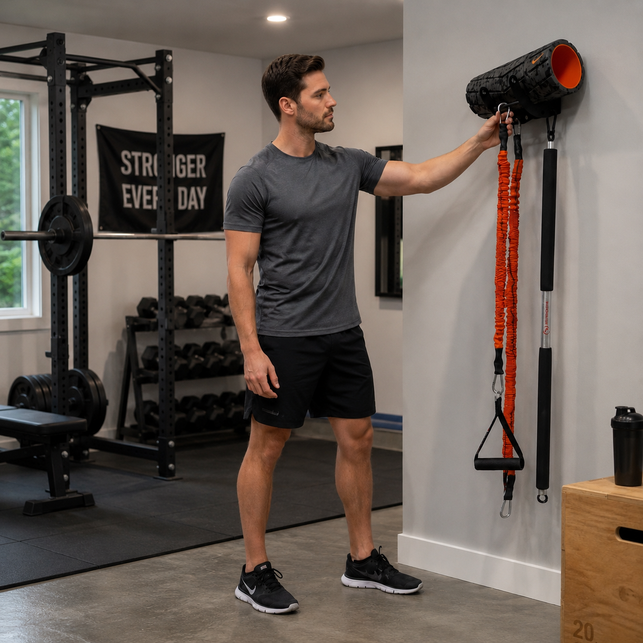 A man in a gym stands next to a foam roller mounted on a wall, holding an orange resistance band. The gym has a weight rack, bench, and other fitness equipment in the background.