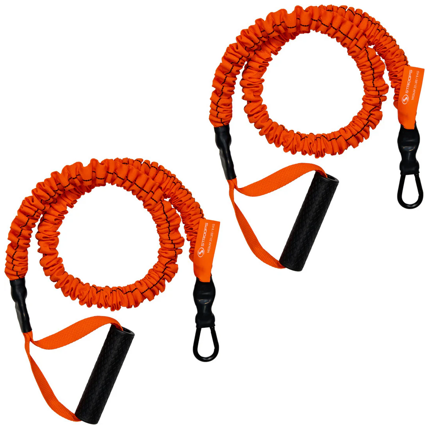 Orange resistance band with black handles on a white background