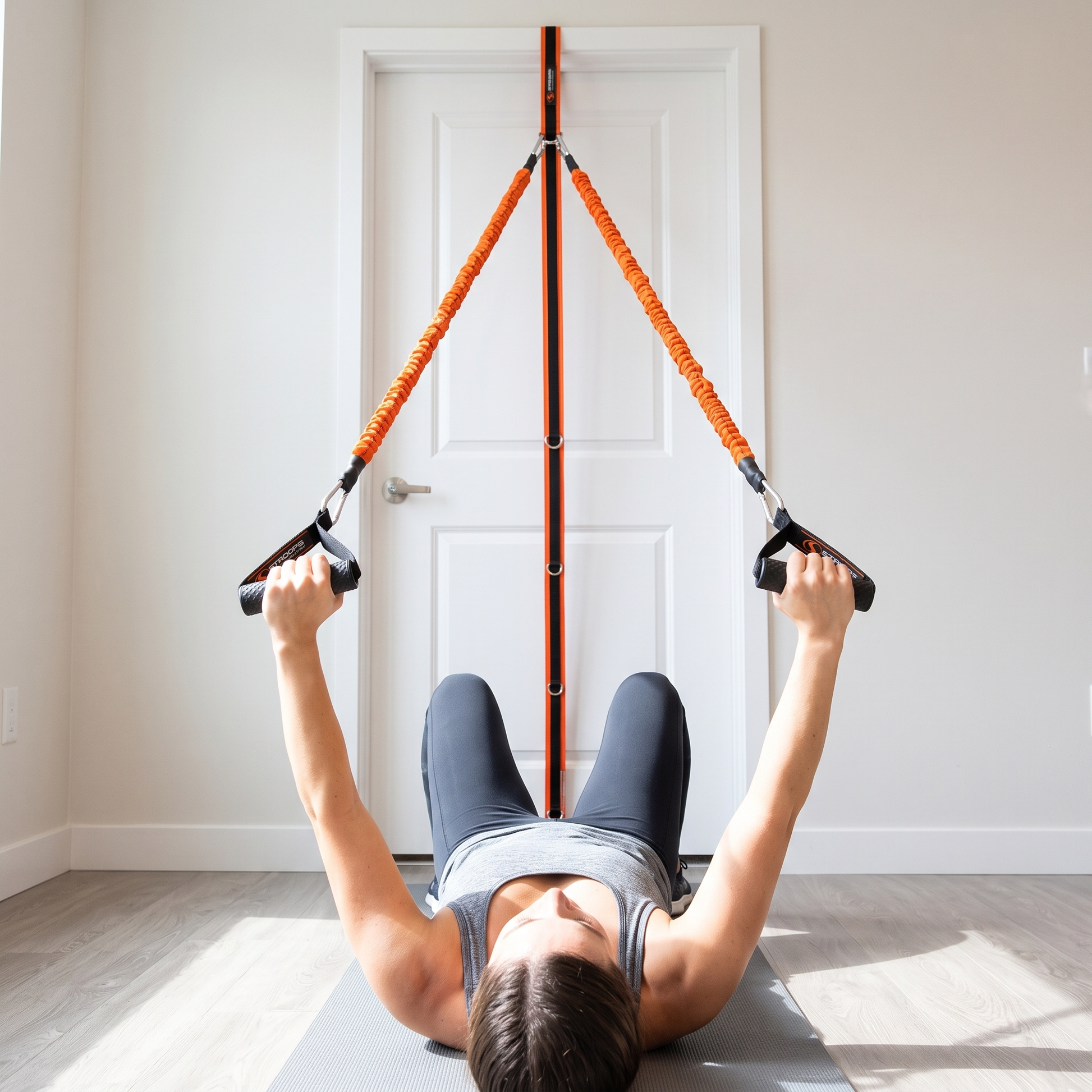 A woman lies on a yoga mat in a bright room, using an orange resistance tube exercise machine attached to a white door. She is wearing a gray sports bra and dark gray leggings.