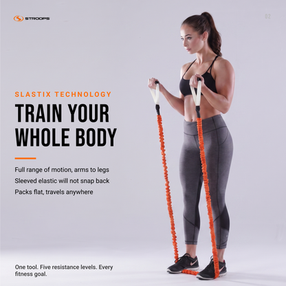 A woman in a black sports bra and gray leggings stands on an orange resistance band set against a light gray studio background, with promotional text on the left reading 'SLASTIX TECHNOLOGY TRAIN YOUR WHOLE BODY' and the STROOPS brand logo at top left.