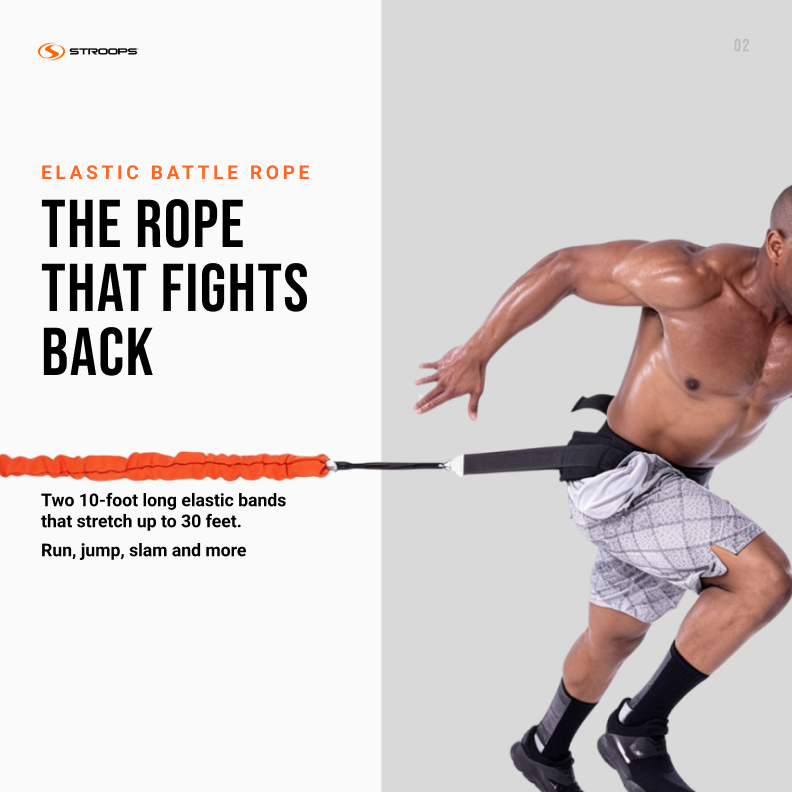 A shirtless man in athletic shorts and socks is running while wearing an elastic battle rope around his waist, with product text and branding on a split white and light gray graphic layout. The rope is orange and black, and the STROOPS logo appears in the top left.