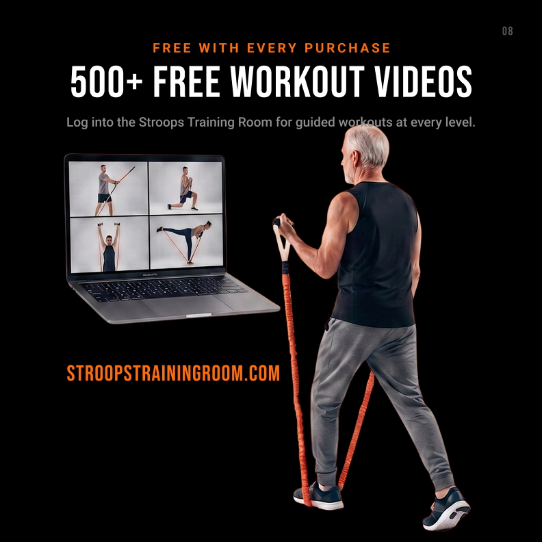 Promotional graphic for Stropostrainingroom.com showing a man from behind using an orange resistance band, with a laptop displaying workout video exercises and text reading '500+ FREE WORKOUT VIDEOS' and 'FREE WITH EVERY PURCHASE'.