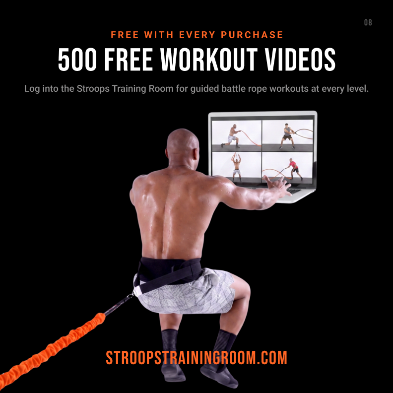 Promotional graphic for a workout program featuring a shirtless man from behind wearing a black harness attached to an orange resistance band, facing a laptop screen showing exercise videos. Large text reads 'FREE WITH EVERY PURCHASE', '500 FREE WORKOUT VIDEOS', and 'STROOPSTRAININGROOM.