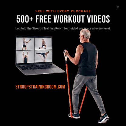 Promotional graphic for Stropo Training Room showing a man from behind using an orange resistance band, with a laptop displaying workout video exercises and large text reading '500+ FREE WORKOUT VIDEOS' and 'STROOPSTRAININGROOM.COM' on a black background.