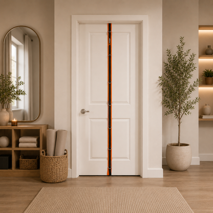 A white interior door with a vertical orange and black magnetic door stopper in the center, shown in a styled home entryway with plants, a mirror, and a woven rug.