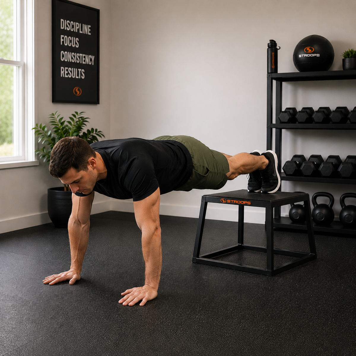 Man performing push-ups on a black box in a gym setting with fitness equipment and motivational quote.