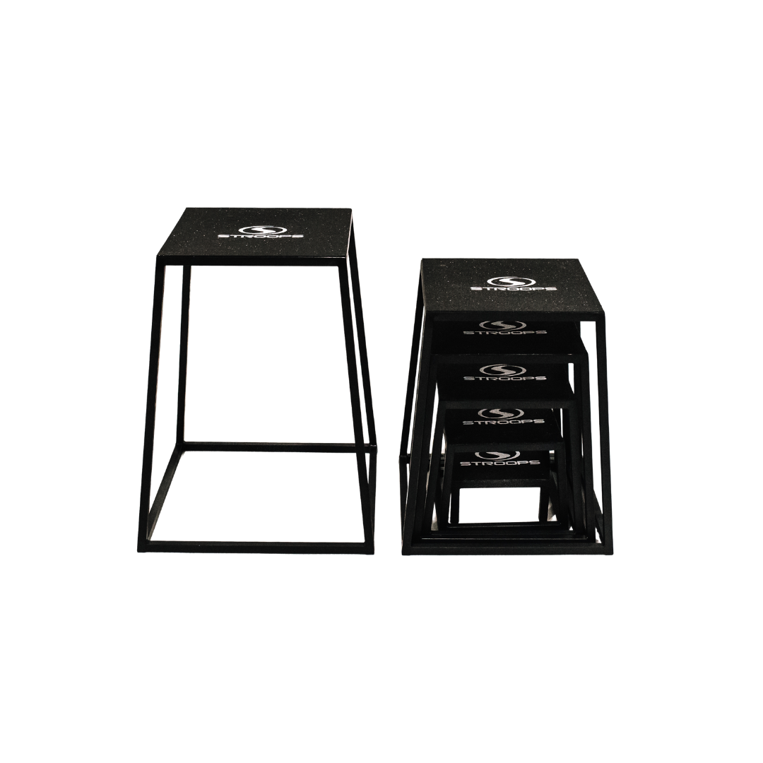 Set of black plyoboxes with branding on a white background