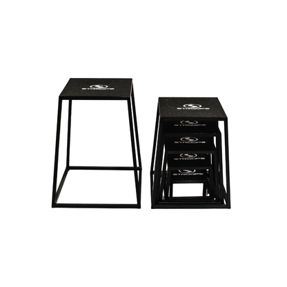Set of black plyoboxes with branding on a white background