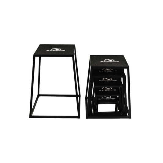 Set of black plyoboxes with branding on a white background