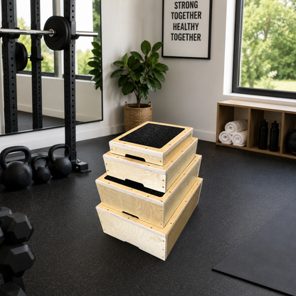 Stack of wooden step platforms in a gym setting with fitness equipment and motivational quote on the wall.