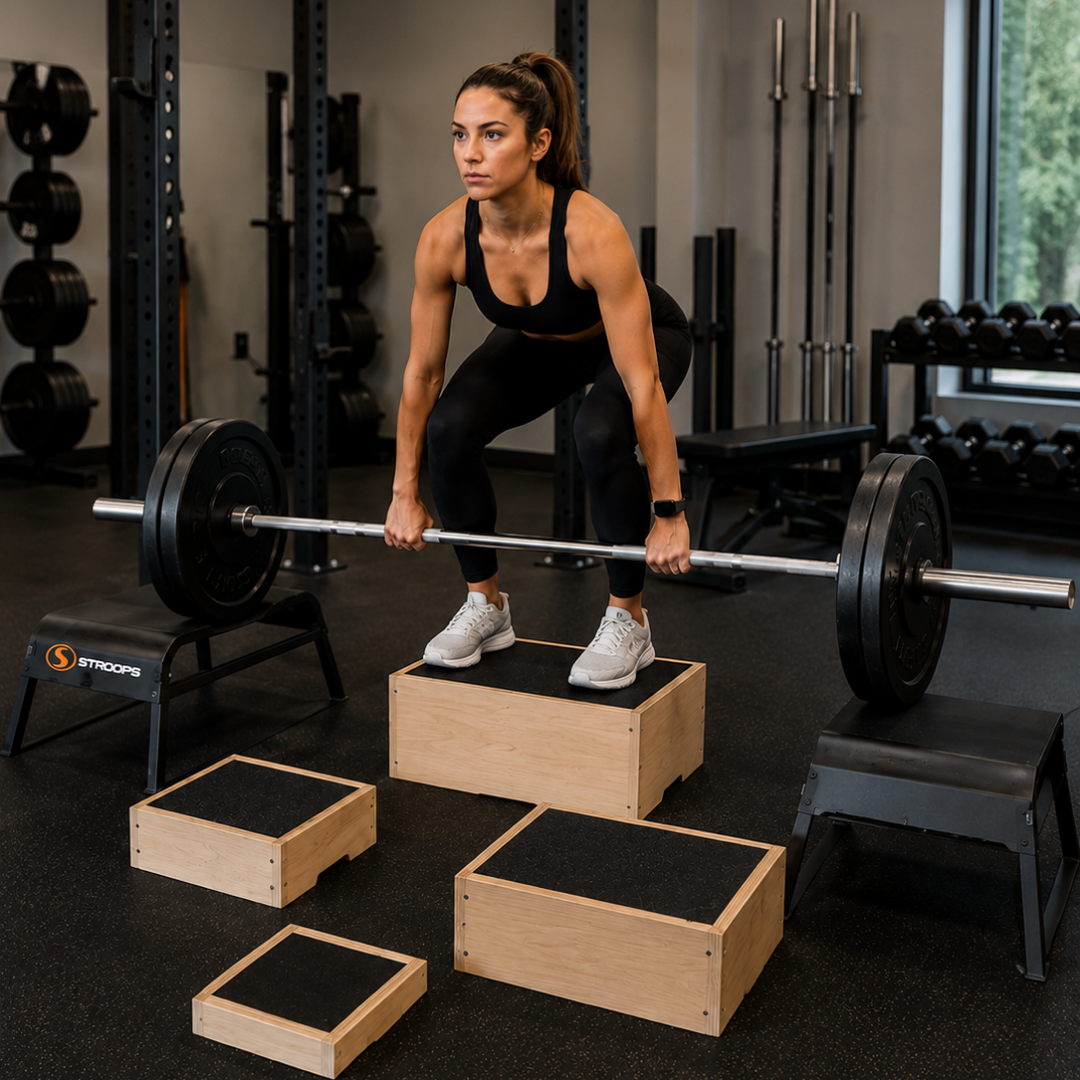 Woman lifting a barbell on wooden boxes in a gym setting