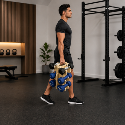 Man carrying a dummbell caddy filled with dumbbells in a gym setting