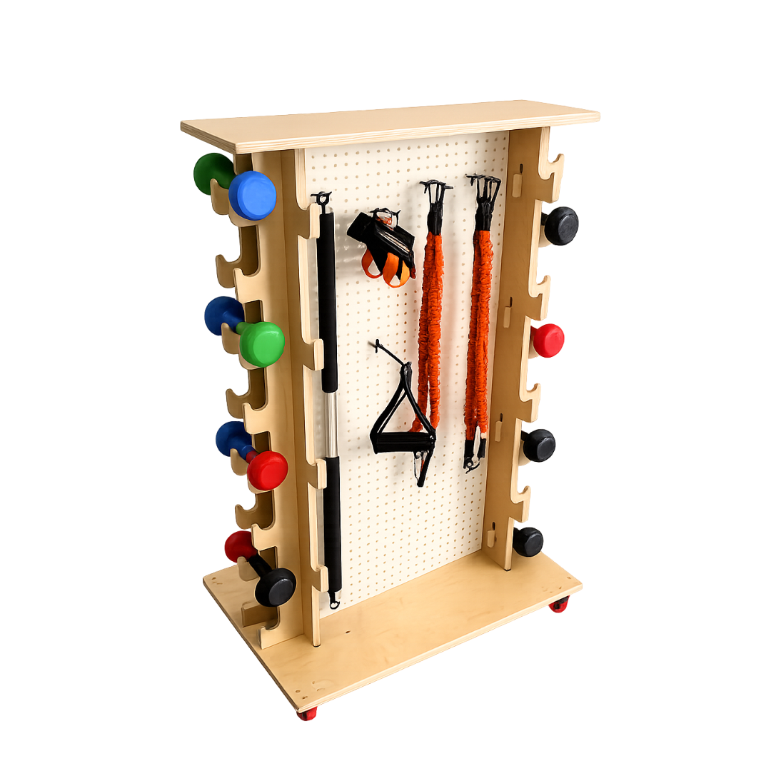 Wooden exercise equipment storage rack with pegs and hooks on a white background