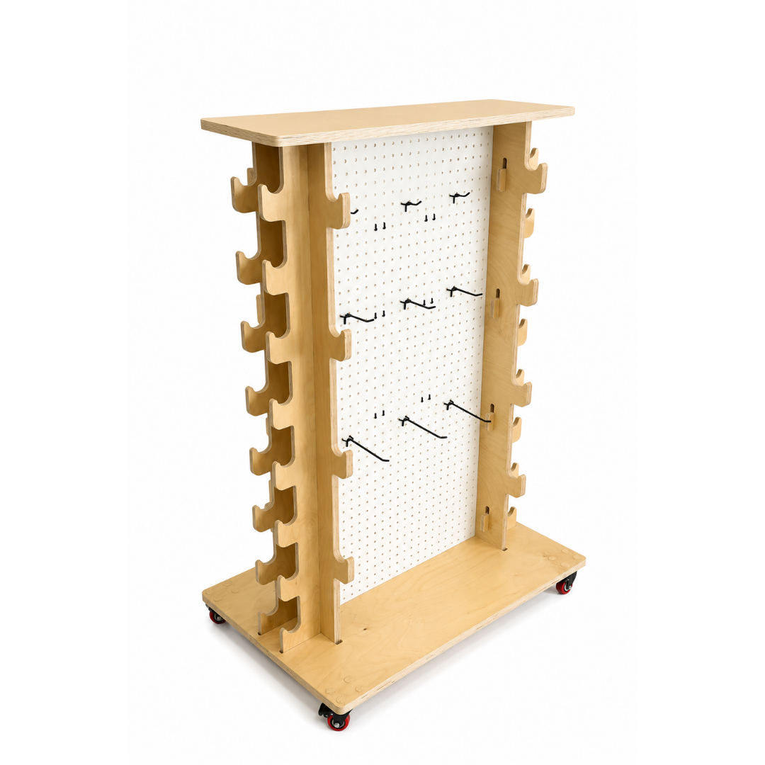 Wooden display rack with pegboard and hooks on a white background