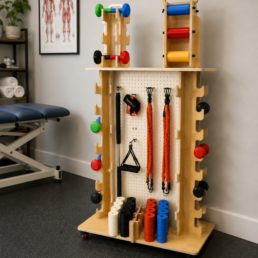 Wooden rack with exercise equipment in a room setting