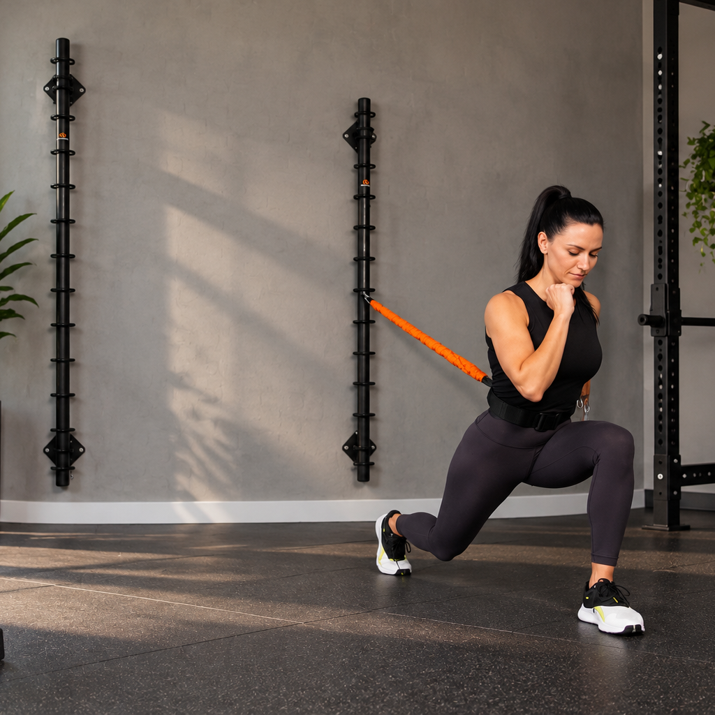 A woman in a gym performing a lunge while holding an orange resistance band, wearing a black tank top, dark gray leggings, and black-and-white sneakers. The background shows a gray wall, weight racks, and exercise equipment.