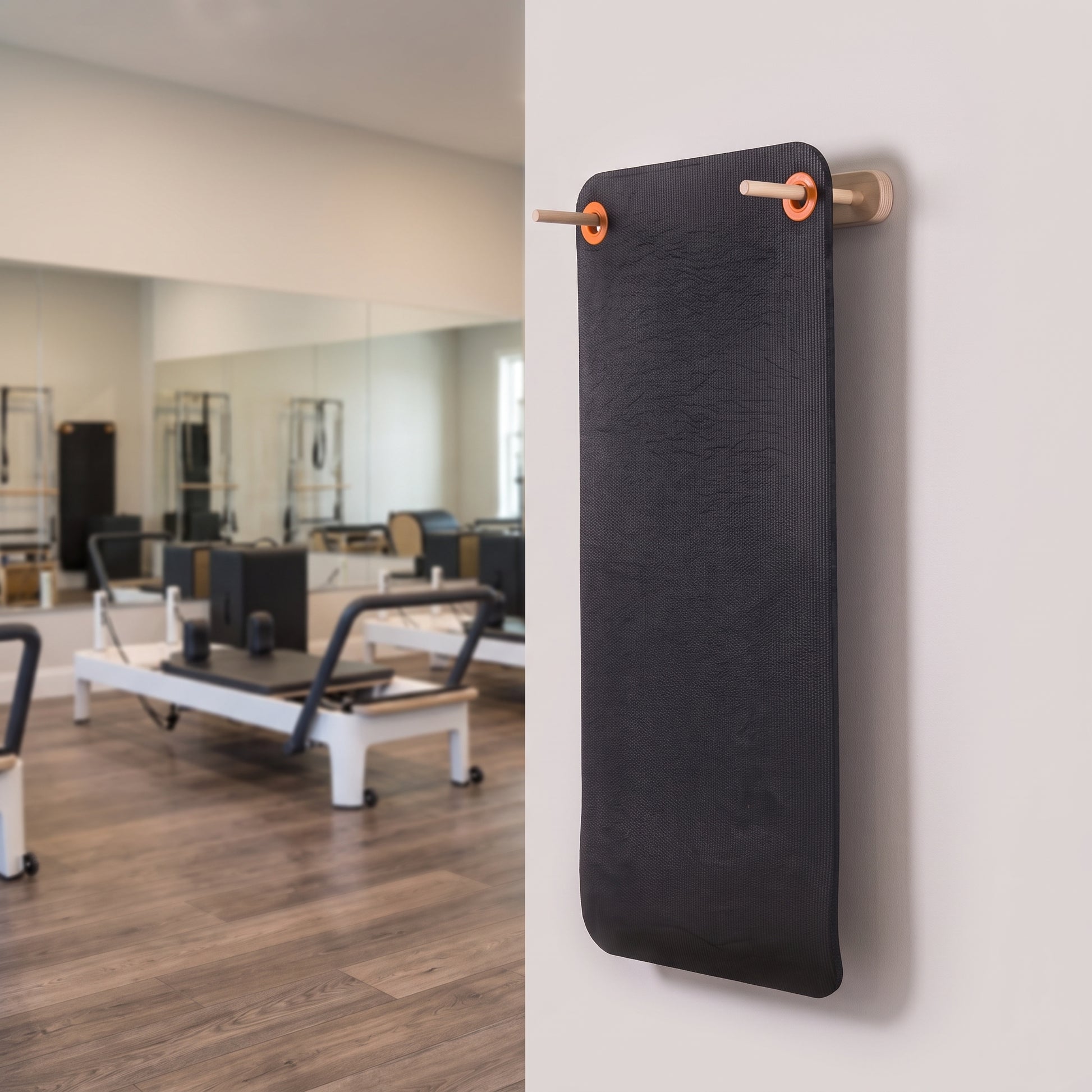 Wood Adjustable Mat Rack organizing mats in a clean Pilates or yoga studio.