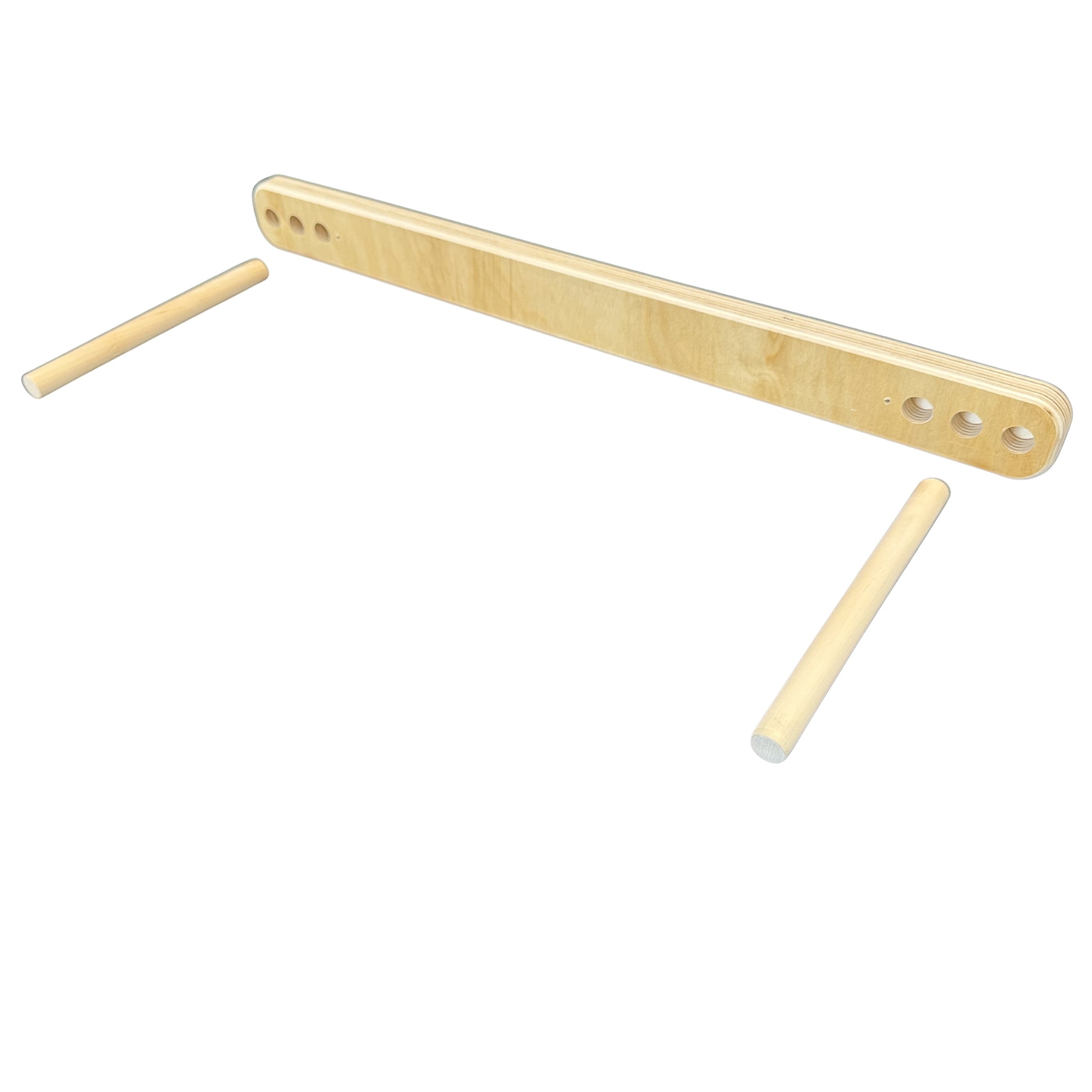A light natural wood mounting bracket with three pre-drilled holes on each end, accompanied by three matching cylindrical wooden dowels, shown on a plain white background.