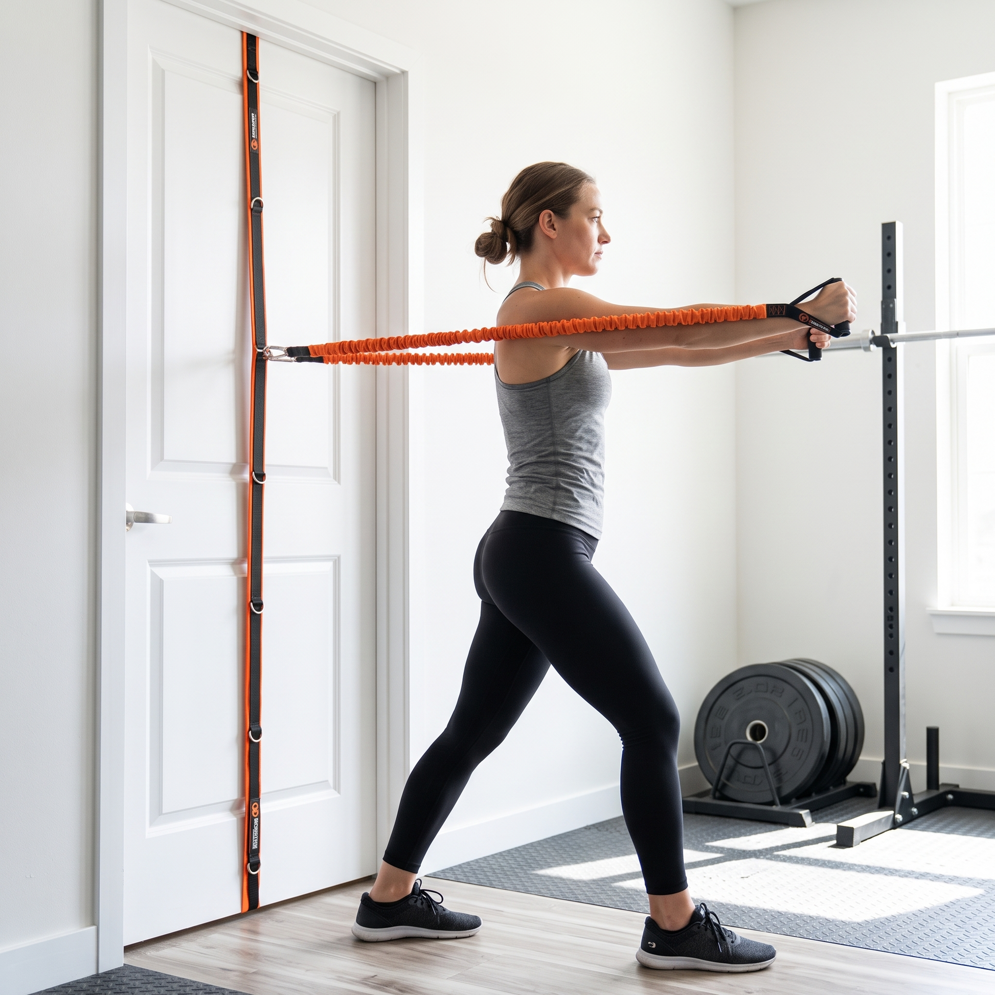 A woman in a home gym setting uses an orange resistance band attached to a door frame, pulling it with a barbell. She is wearing a gray tank top, black leggings, and black sneakers.