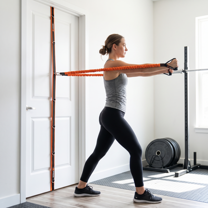 A woman in a home gym setting uses an orange resistance band attached to a door frame, pulling it with a barbell. She is wearing a gray tank top, black leggings, and black sneakers.