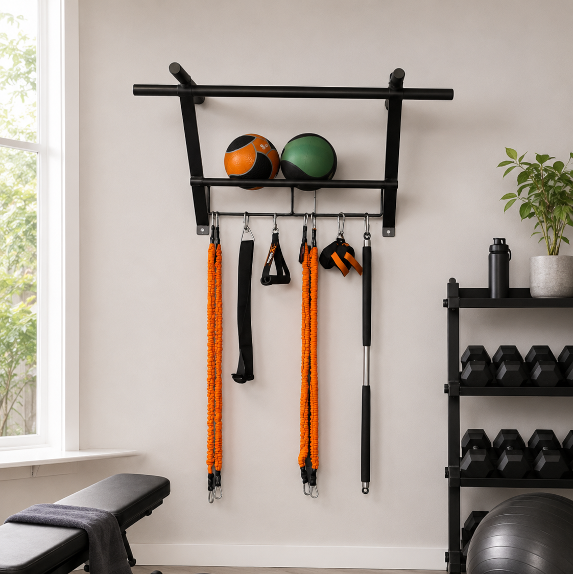 Home gym setup with exercise equipment on a wall rack and floor.
