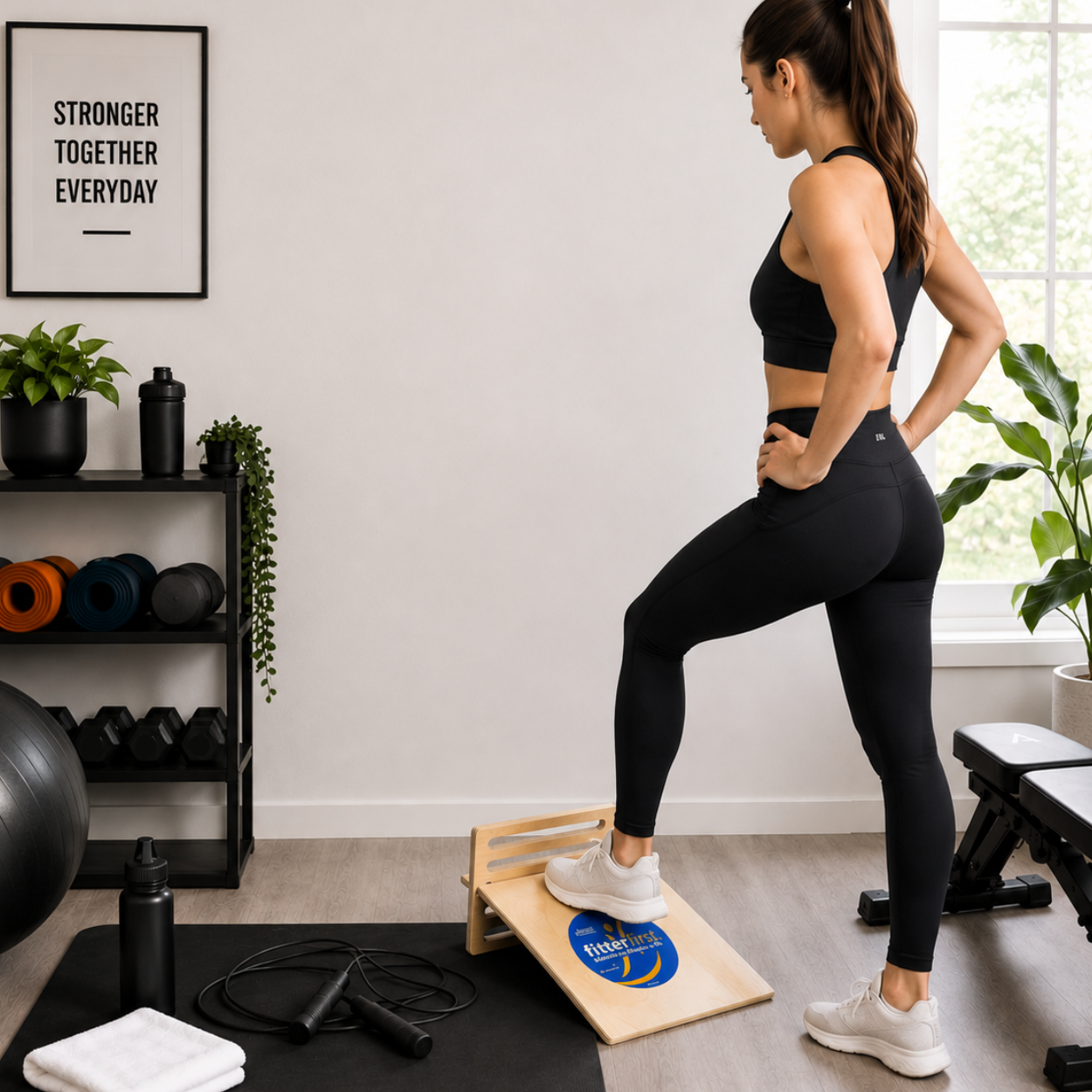 Woman exercising on a step platform in a home gym setting