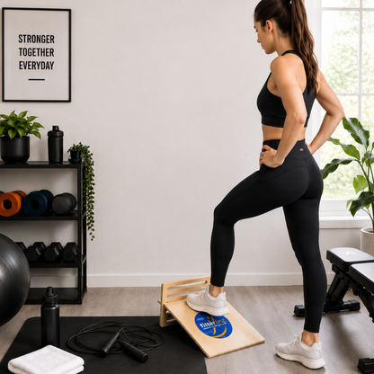 Woman exercising on a step platform in a home gym setting