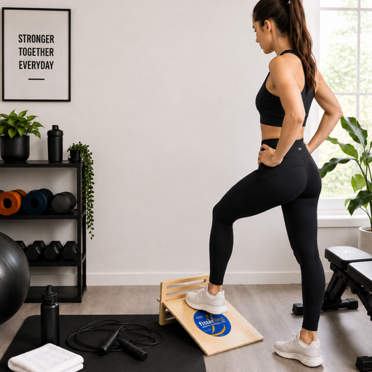 Woman exercising on a step platform in a home gym setting