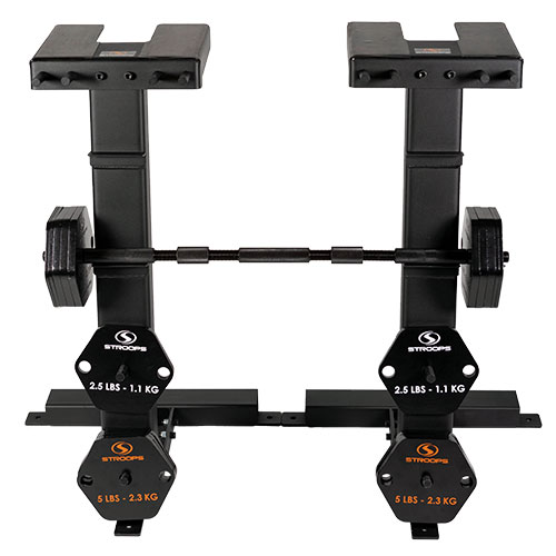 Two of Stroops Bellitron Stands with barbell and plates on it