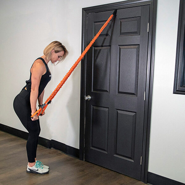 Stroops trainer Aly doing lat pulldown with Sculptafit Premium resistance band kit