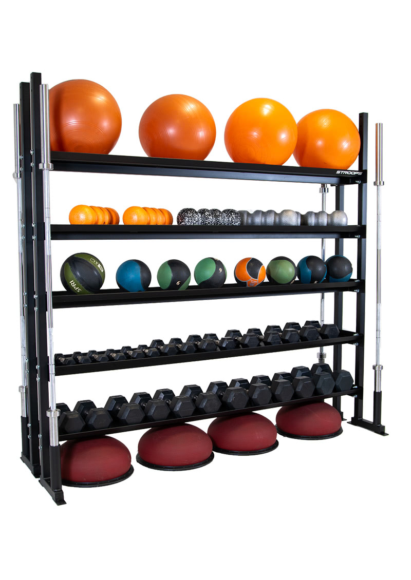 five shelf rack loaded with a bunch of workout equipment